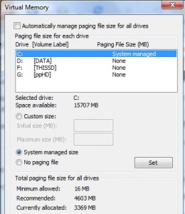 Set Virtual memory Virtual Memory settings